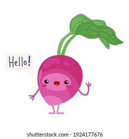 ilustración vectorial con rábano gracioso, . icono de las verduras lindas. caricatura de estilo plano. pegatinas