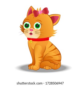 Vector illustration of a funny redhead kitten sitting, smiling or Cute cat wearing a red collar .on a white background