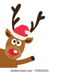 vector illustration of a funny reindeer in Santa hat waiving.