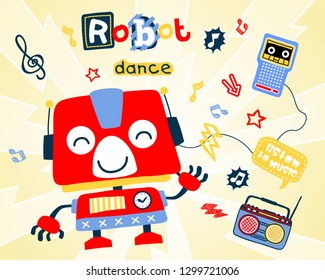 Vector illustration of funny robot cartoon dancing, musical elements cartoon
