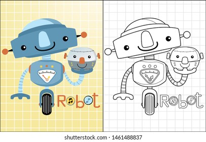 Vector illustration of funny robots cartoon, coloring book or page