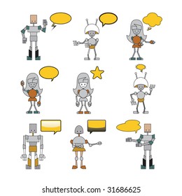 Vector Illustration of funny robots decorated with comics bubbles