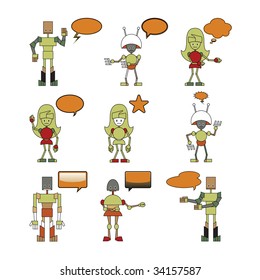 Vector Illustration of funny robots decorated with comics bubbles