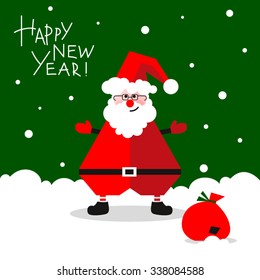 Vector illustration of funny Santa Claus with bag with presents. Image for Christmas cards, greetings and decor.