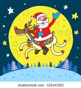 Vector illustration with funny Santa Claus riding on Christmas reindeer.