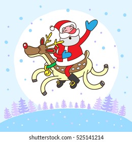 Vector illustration with funny Santa Claus riding on Christmas reindeer.