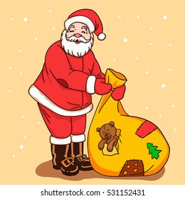 Vector illustration with a funny Santa Claus with a bag of gifts.