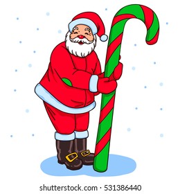 Vector illustration with a funny Santa Claus with a candy cane.