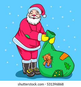 Vector illustration with a funny Santa Claus with gift bag.