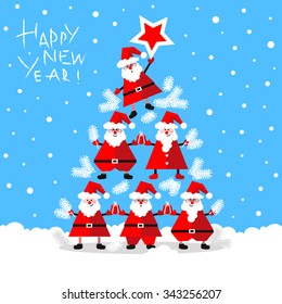 Vector illustration of funny Santa Clauses forming fir tree, for Christmas card, poster, greeting and decoration.