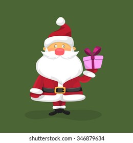 Vector illustration of funny Santa holding a present in his hand. Christmas greeting card or poster.
