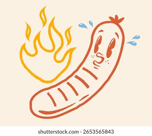 Ilustração vetorial de uma salsicha engraçada com chama em estilo retro groovy. Desenho animado de salsicha apimentada para churrasco em estilo vintage.
