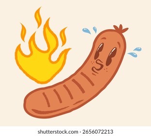 Ilustración vectorial de una salchicha divertida con llama en estilo retro groovy. Caricatura de salchicha picante para barbacoa en estilo vintage.