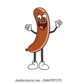 Vector illustration of a funny sausage groovy style, vintage style 70s, 60s, 50s character
