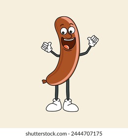 Vector illustration of a funny sausage groovy style, vintage style 70s, 60s, 50s character