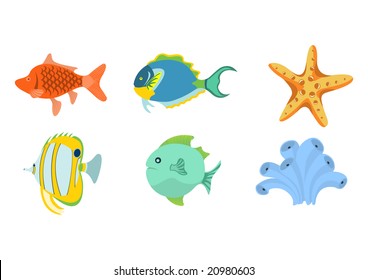 Vector illustration of funny sea animals  icons . Our aquatic friends that you can meet on the while diving.