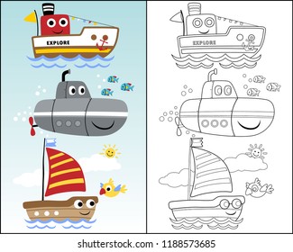 Vector illustration of funny sea transport with bird and fishes. Coloring book or page