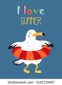 vector illustration of funny seagull with lifebuoy and lettering in cartoon style