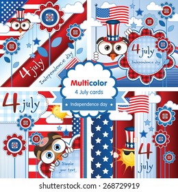 Vector illustration. Funny set of cartoon postcards for Independence day. Modern and creative colorful illustration for greeting cards, posters, banners and flyers.