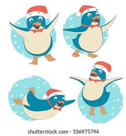 Vector illustration Funny set of penguin character wearing red Santa Claus hat (dancing, jumping, sliding, waving, smiling)