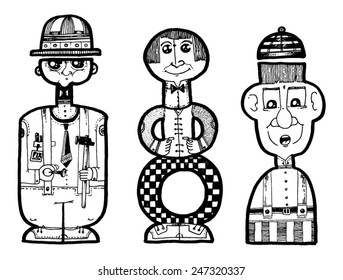 vector - illustration funny shape people, cartoon characters, simple shapes, big eyes, smile, hats, elegant, hammer, nail
