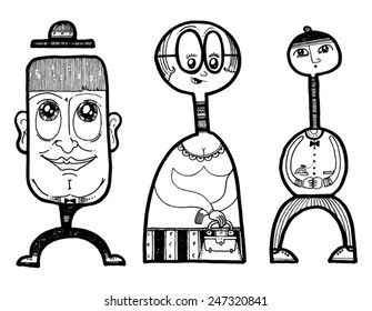 vector - illustration funny shape people, cartoon characters, simple shapes, big eyes, smile, glasses, hat, silly