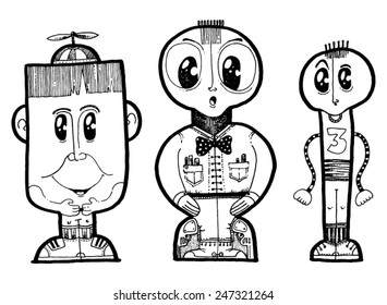 vector - illustration funny shape people, cartoon characters, simple shapes, big eyes, smile, funny hat, bow tie, three