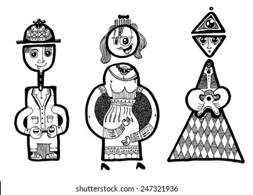 vector - illustration funny shape people, cartoon characters, simple shapes, big eyes, smile, boy, woman, triangle