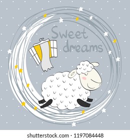 Vector illustration with funny sheep and moon. Sweet dreams.