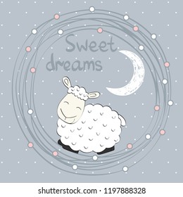 Vector illustration with funny sheep and moon. Sweet dreams.