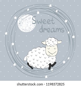 Vector illustration with funny sheep and moon. Sweet dreams.