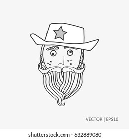 Vector illustration. Funny sheriff. Funny guy with a long beard. Cartoon sketch. Drawing for children. Flat icon