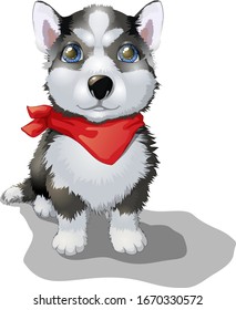 Vector illustration funny siberian purebred sitting husky dog n red scarf puppy. Dog in cartoon style. Clipart isolated on white background