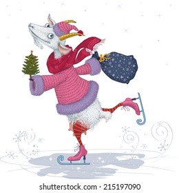 Vector illustration of a funny skater goat dressed in fur coat and cap with christmas tree and bag isolated on white background