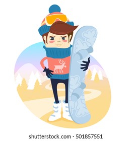 Vector illustration Funny skier standing in front of slopes with his snowboard wearing knitted hat and sweater with deers. Flat style