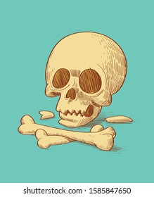 Vector illustration of a funny skull with bones. Modern design. Engraving