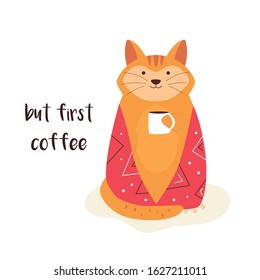 Vector illustration of a funny sleepy cat in blanket with a cup coffee. Flat cartoon animal character