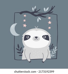 Vector illustration of a funny sloth. Cute composition with adorable animals. Adorable animal for prints, frame arts, wall designs