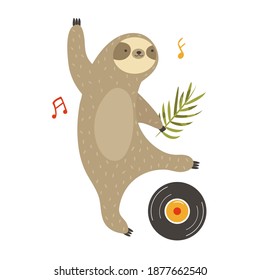 Vector illustration of a funny sloth dancing on a vinyl. Animal character design for posters, prints, birthday cards