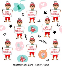 Vector illustration with funny sloth. Happy Holidays lettering. New Year and Christmas seamless pattern