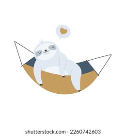 Vector illustration of a funny sloth having a nap in hammock. Cute sleeping mascot, animal character isolated on white background