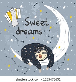 Vector illustration with funny sloth and moon. Sweet dreams.