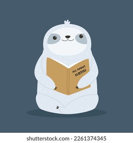 Vector illustration of a funny sloth sitting with a book. Cute mascot, animal character.