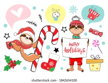 Vector illustration with funny sloths collection on a white background isolated. Happy Holidays lettering. New Year and Christmas card