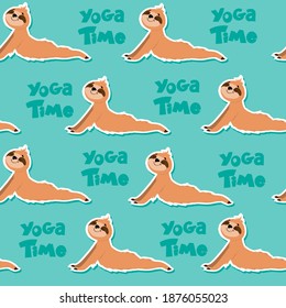 Vector illustration with funny sloths doing yoga seamless pattern