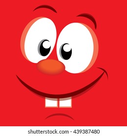 Vector illustration of funny smiley face with big teeth on red background