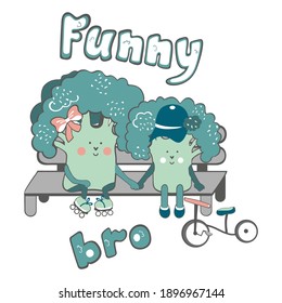 Vector illustration of funny smiling broccoli sit on a bench. Broccoli relax after roller blading and cycling. Outdoor activities, walking in the park. Isolated on white background.