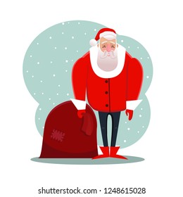 Vector illustration of funny smiling cartoon Santa Claus with red bag with presents. Christmas and New Year posters, greeteng cards, gift tags and labels