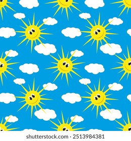 Ilustración vectorial. Divertido patrón de dibujos animados sonriente sol sin fisuras sobre fondo azul.