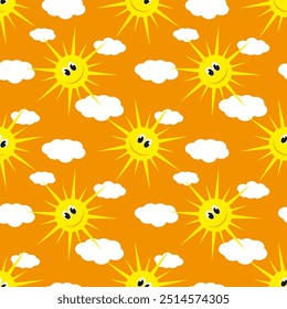 Ilustración vectorial. Divertido patrón de dibujos animados sonriente sol sin fisuras sobre fondo brillante.